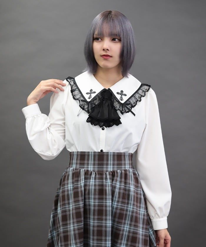 Cross Embroidery Big Collar Blouse