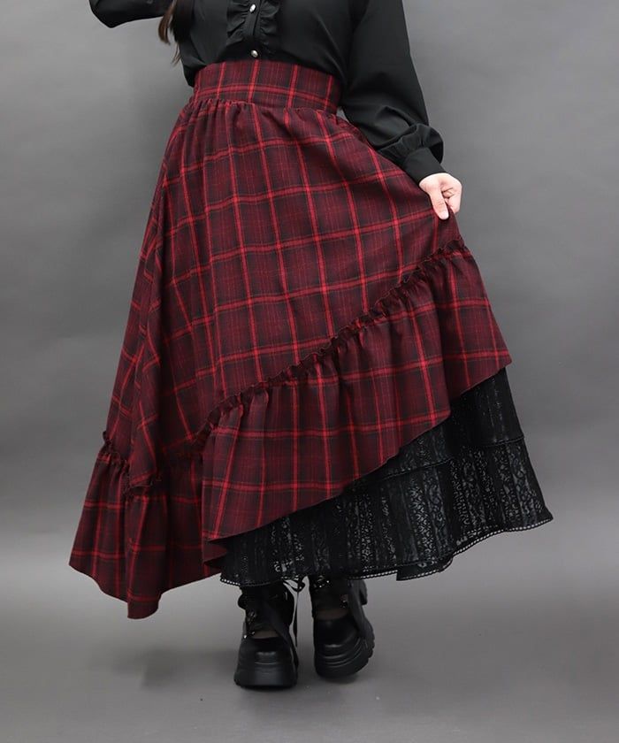 Check Asymmetric Frill Skirt