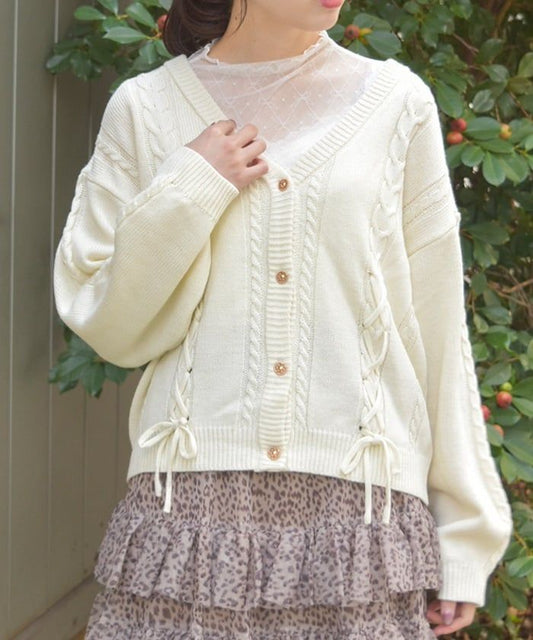 Lace-Up Cable Knit Cardigan